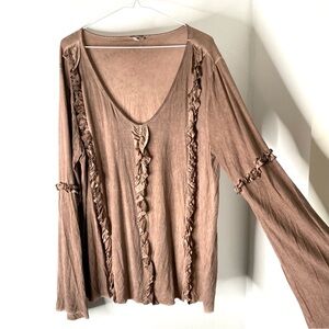 POL Taupe Brown Boho Ruffle Long Sleeve Top